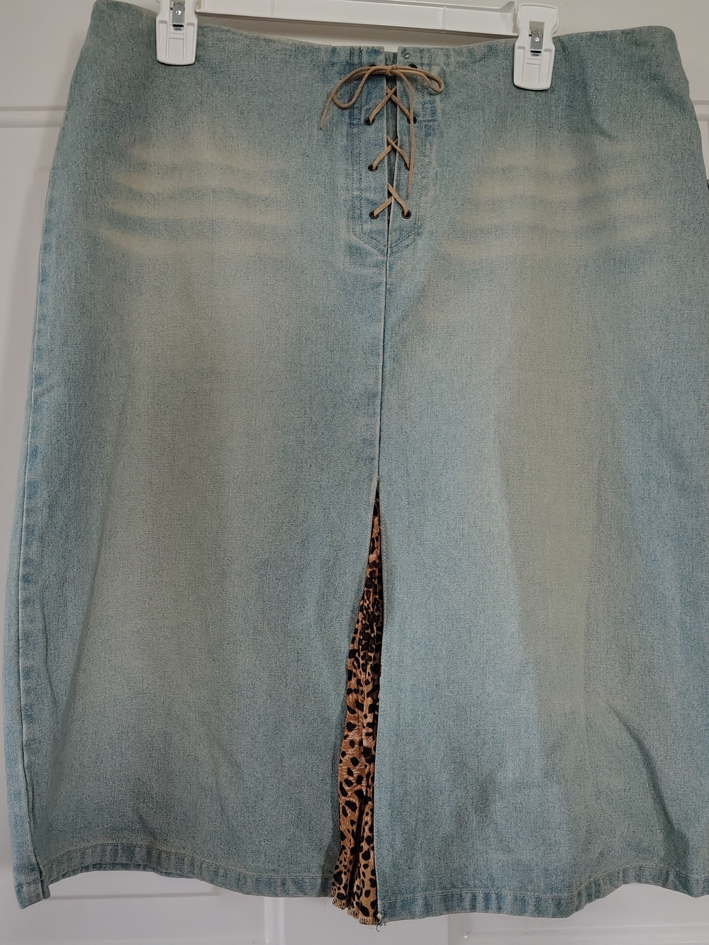Y2K Denim Midi Skirt with Front Lace-Up and Leopard Panel - Light Blue Size 12